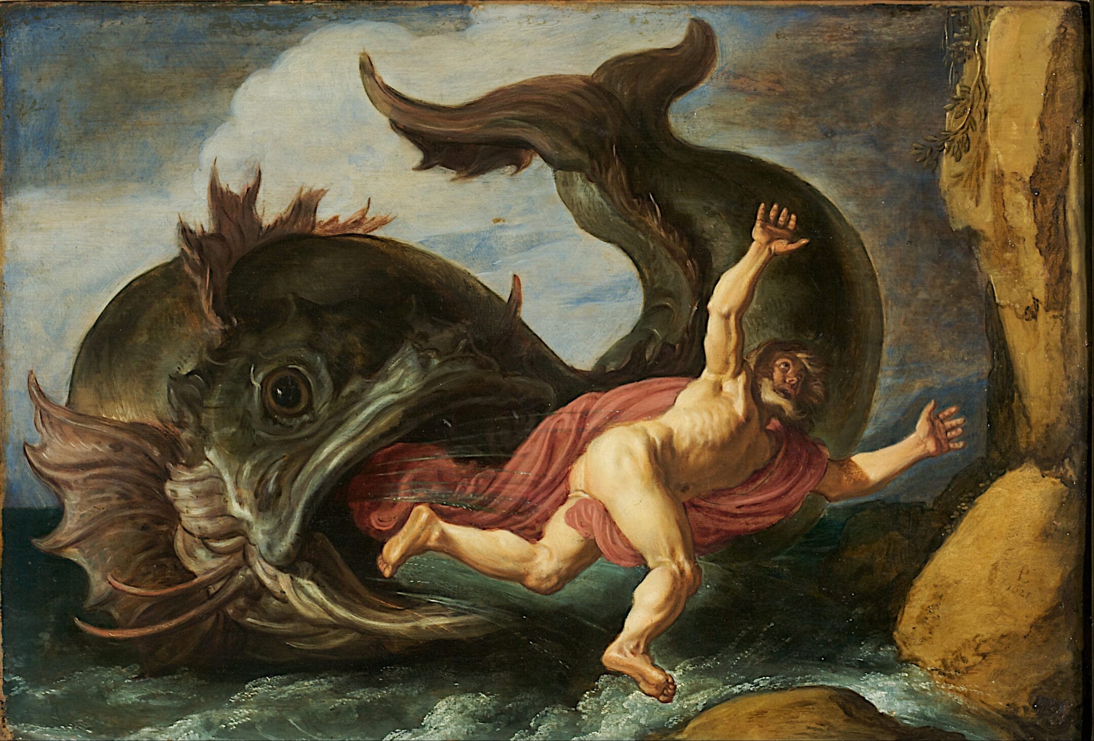 An oil painting by Pieter Lastman (1583-1633 CE) depicting the prophet Jonah about to be swallowed by a giant fish, the story of Jonah is in the Book of Jonah in the Bible's Old Testament.